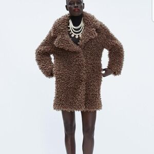 Zara Outerwear Brown Fluffy Teddy Bear Curly Faux Fur Jacket Coat Small